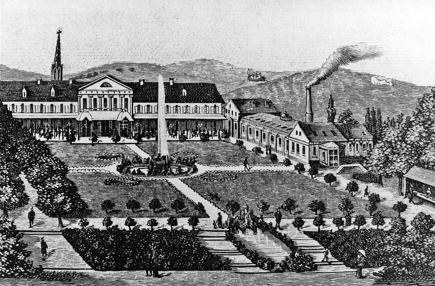 Abbildung 1: Oberer Kurgarten mit dem Stadthaus und dem einstöckigen Kurmittelhaus rechts daneben mit rauchendem Schlot. Die Kurkolonnade vor dem Stadthaus wurde 1883 errichtet. Ganz rechts an der Stelle des heutigen Kurparkhotels die Traubenhalle, wo der Kurgast frische Trauben für die Traubenkur erwerben konnte. Um 1883.