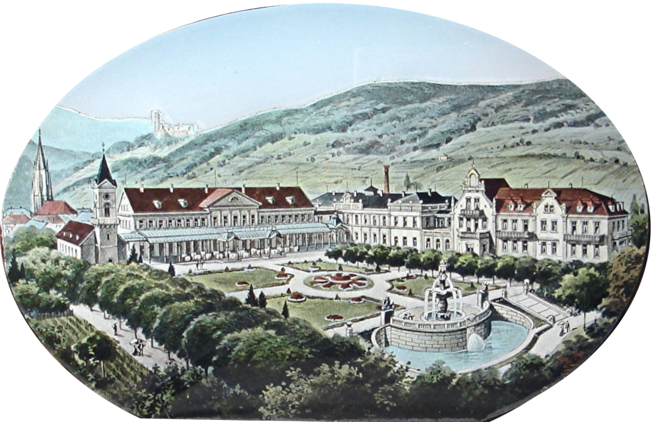 Abbildung 3: Oberer Kurgarten, 1910 ist der Valentin-Ostertag-Brunnen hinzugekommen (rechts im Vordergrund), um 1910.